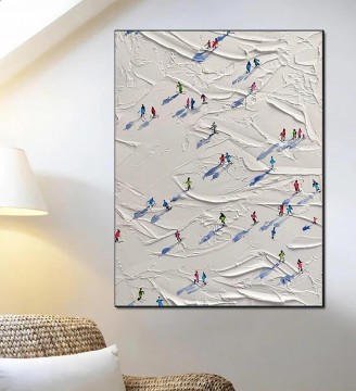 Artworks in 150 Subjects Painting - Skier on Snowy Mountain Wall Art Sport White Snow Skiing Room Decor by Knife 12 texture